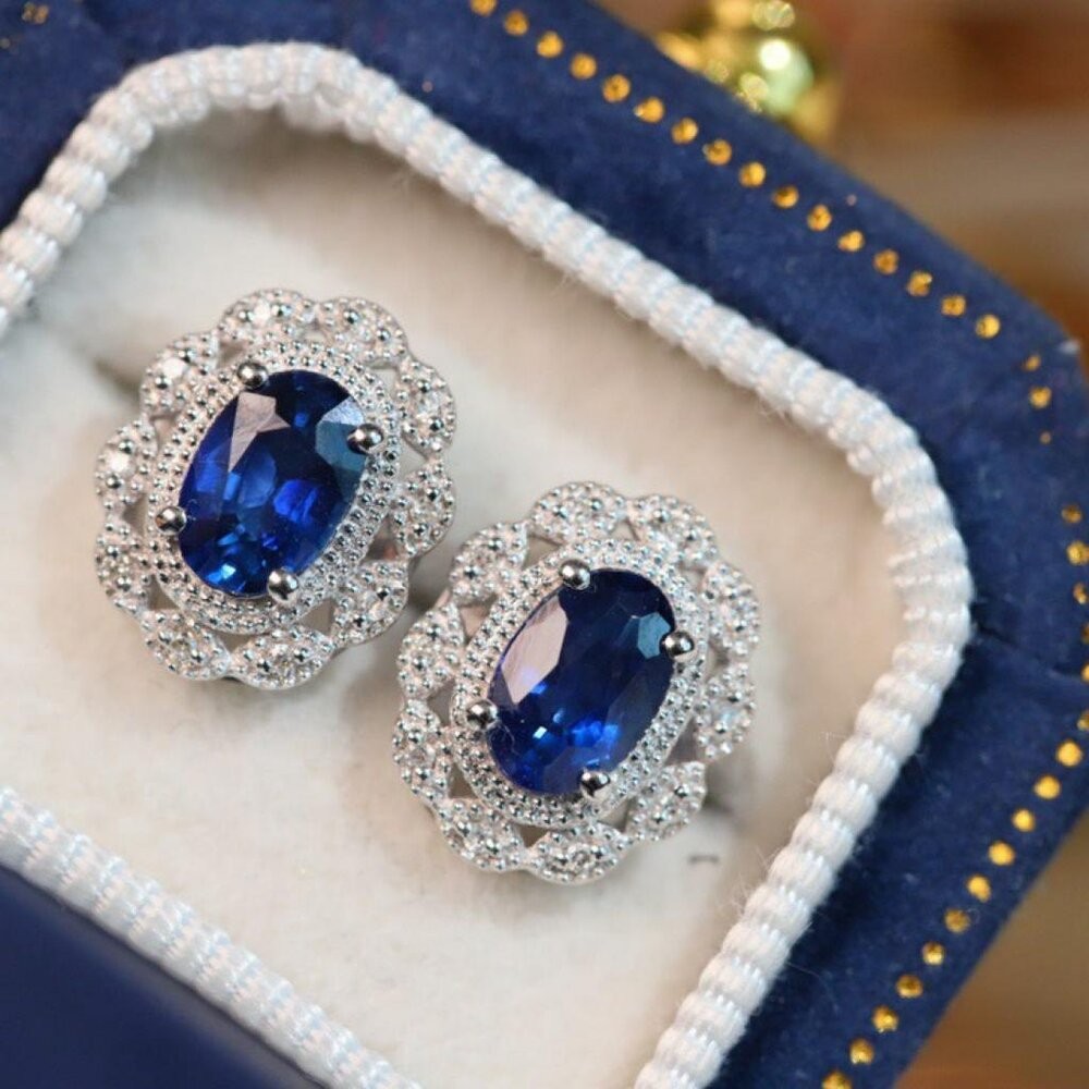【WhiteKuo】18k天然橢圓形藍寶石鑽石復古蕾絲耳飾-細節圖2