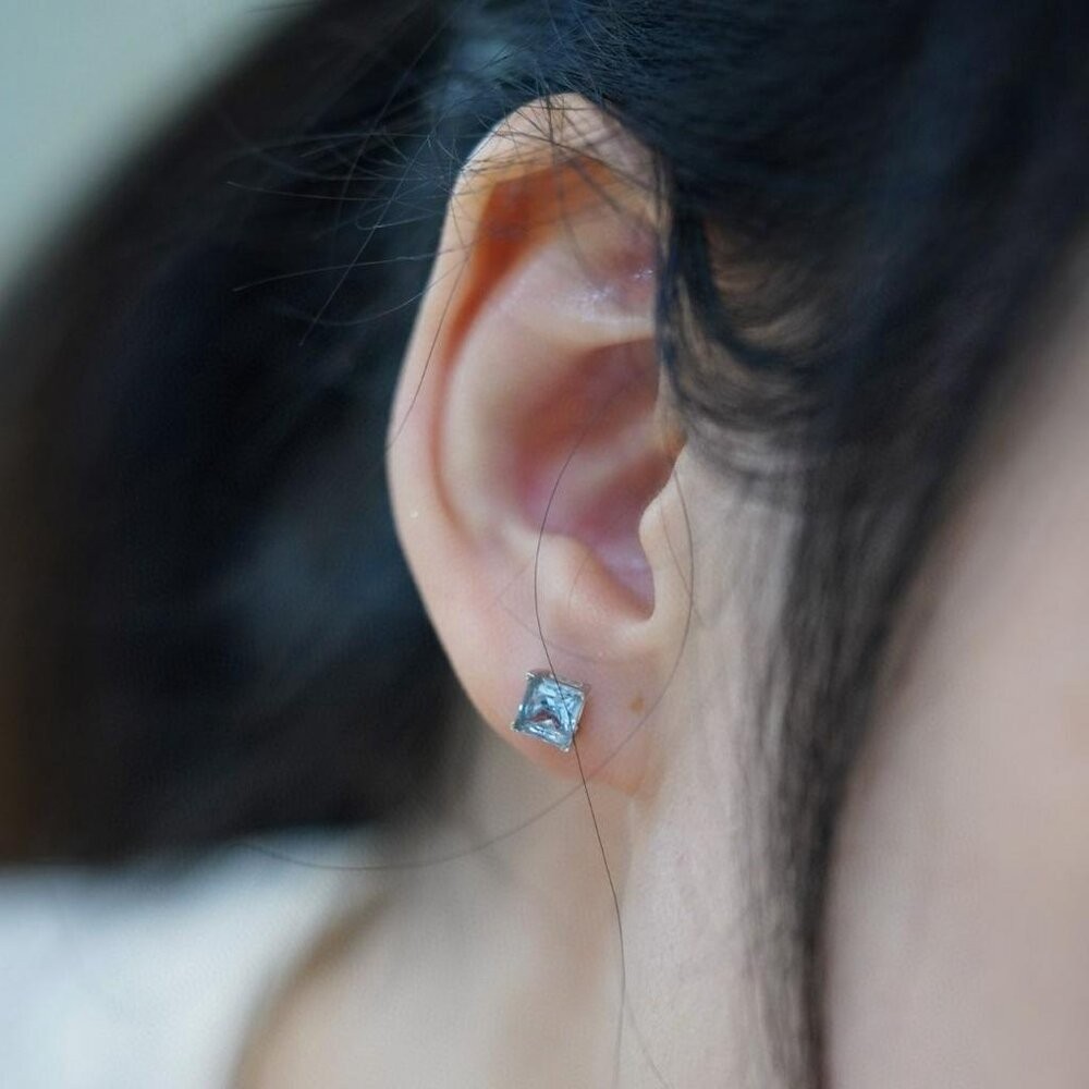 【WhiteKuo】18K金公主方天然海水藍寶四爪耳釘/耳針/耳環與項鏈-細節圖4