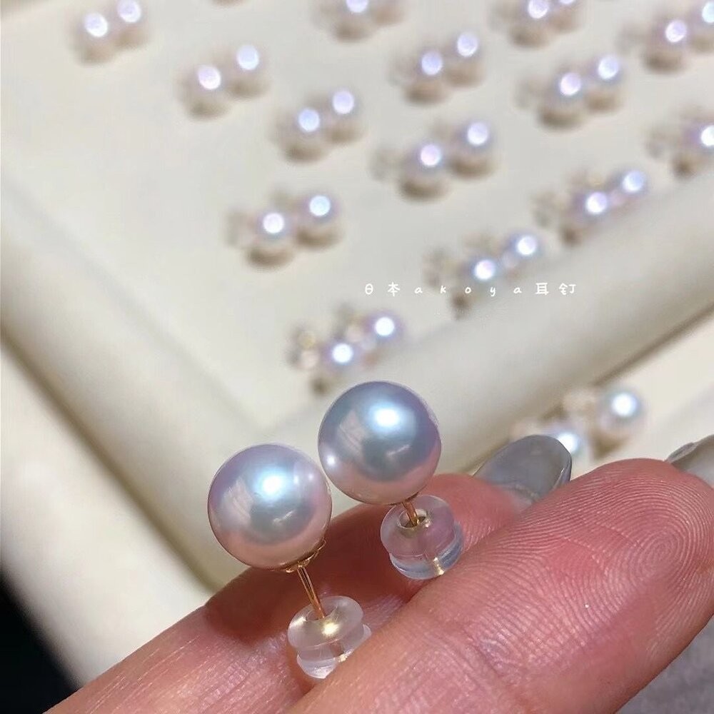 【WhiteKuo】18k經典日本海水珍珠akoya耳針7-8mm-細節圖2