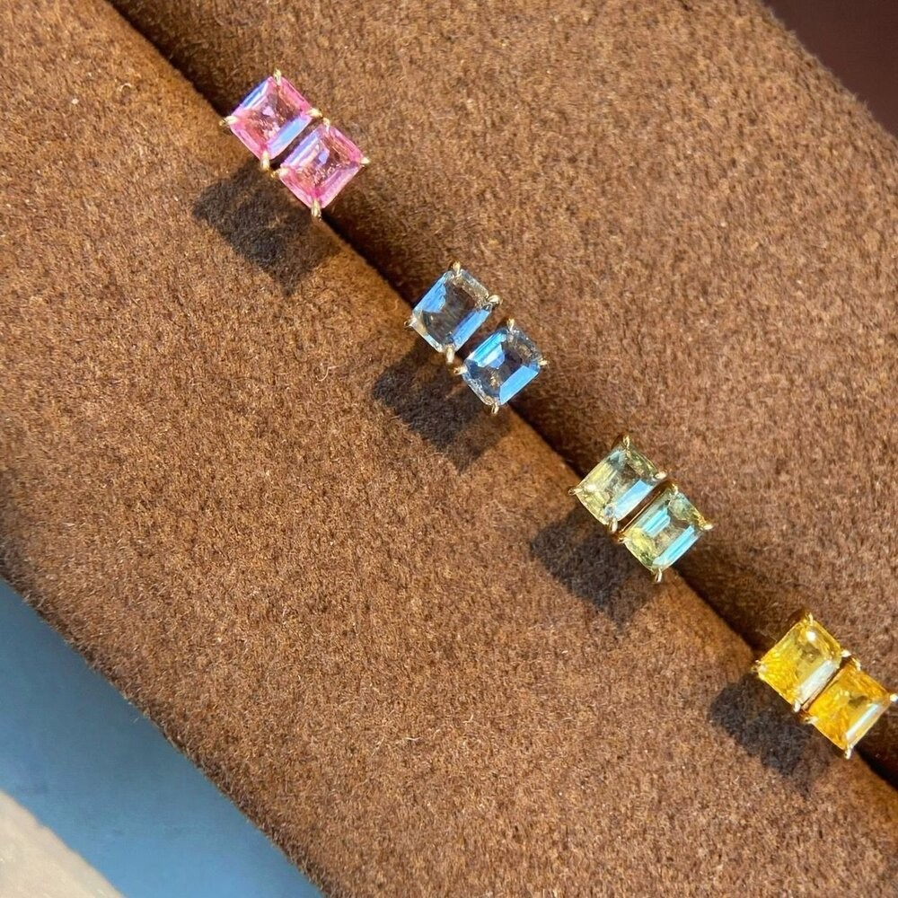 【WhiteKuo】18K經典長方形彩藍寶耳針-細節圖7