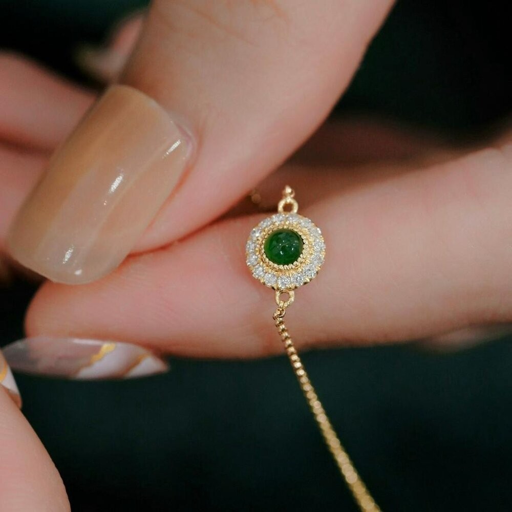 【WhiteKuo】18k天然翡翠蛋面中國風手鏈-細節圖5