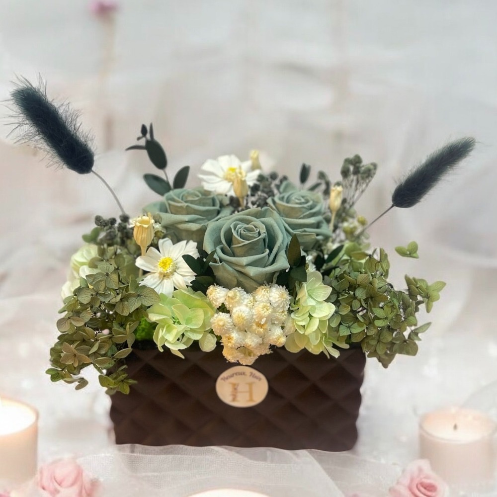 現貨~菱格永生花盆_綠玫瑰花 #玫瑰永生花   #永生花  #永生花盆  #乾燥花  #開幕送禮  #入厝禮-規格圖3