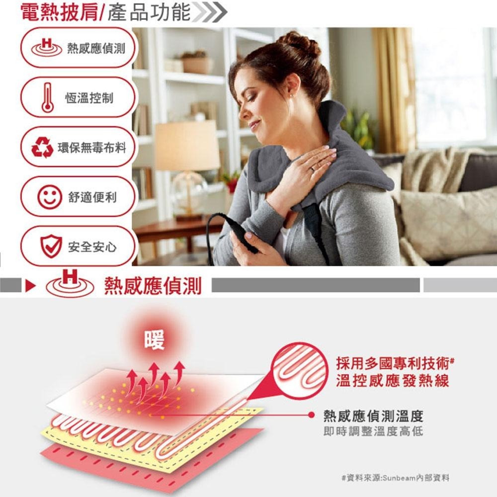 美國 夏繽Sunbeam 電熱披肩 氣質灰 (肩頸專用熱敷墊) 000885 台灣原廠公司貨 二年保固-細節圖4