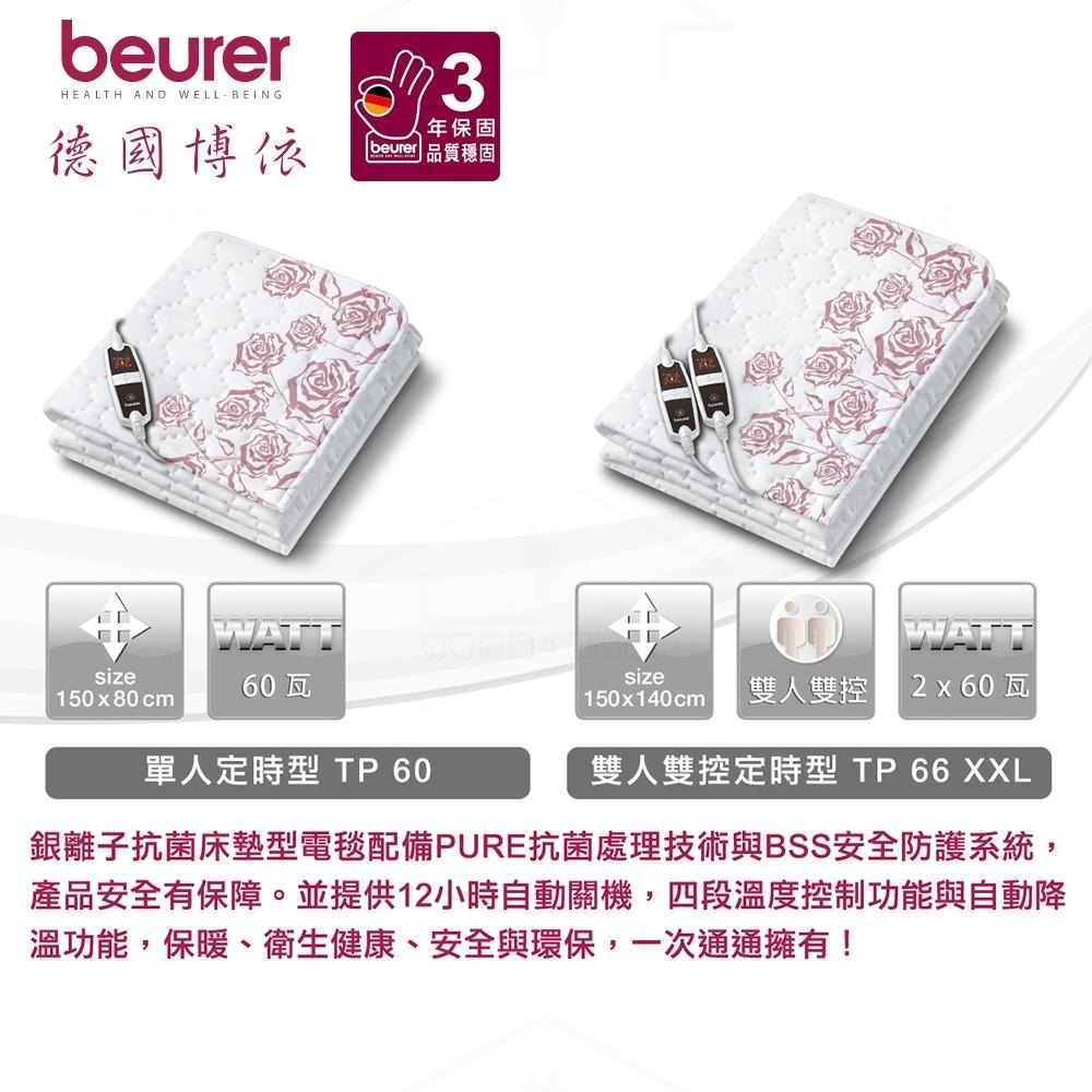 【送洗衣袋】beurer 德國博依 銀離子抗菌床墊型電毯 單人定時型 TP 60 / TP60 三年保固-細節圖2