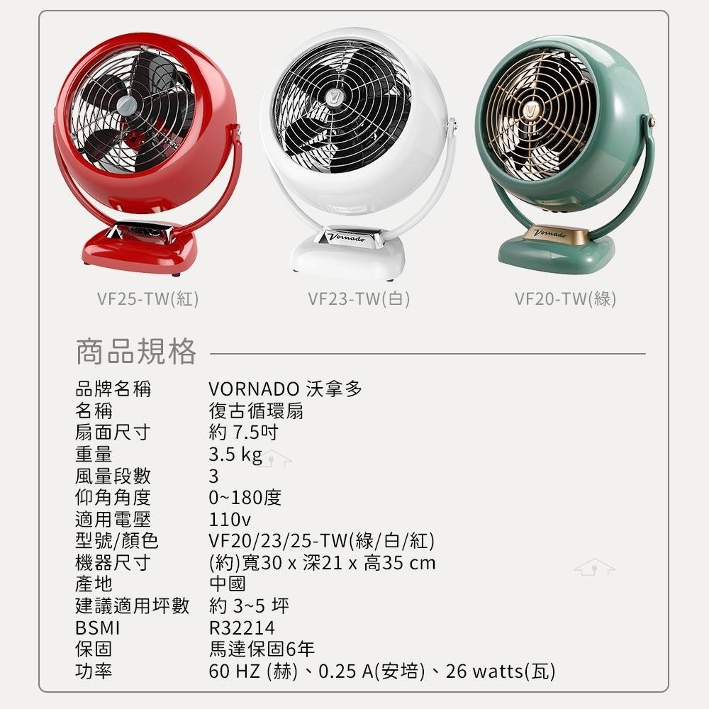 美國VORNADO沃拿多 3-5坪用 經典復古扇 VF-TW VF20-TW綠色 VF23-TW白色 VF25-TW紅色-細節圖4