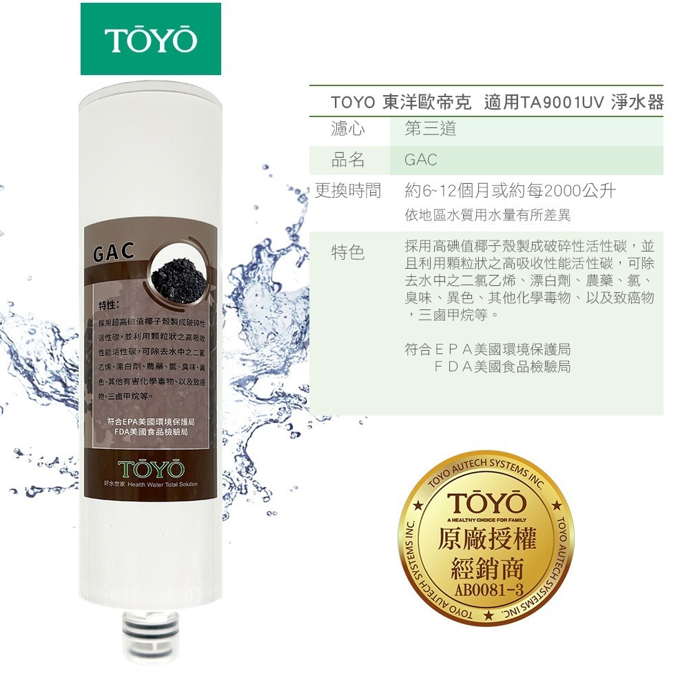 TOYO 東洋歐帝克 第一~三道濾心 (NSF認定PP棉濾心+樹脂濾心+GAC活性碳濾心)適用TA-9001UV淨水器-細節圖4