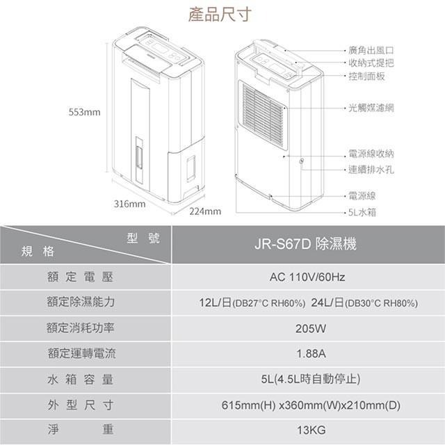 【Mistral 美寧】旗艦液晶版智慧清淨除濕機 JR-S67D 灰色【一級省電能耗可退貨物稅1200】-細節圖8