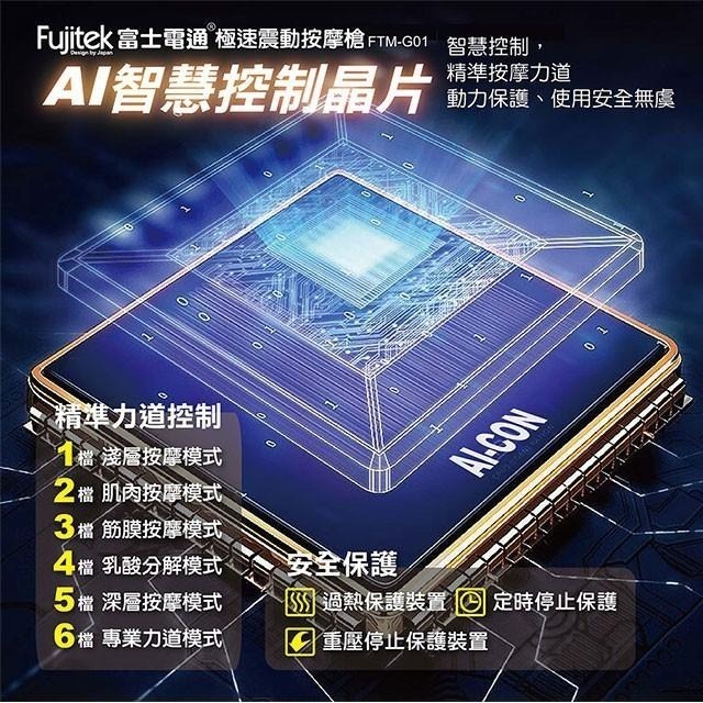 【Fujitek 富士電通】 無線極速震動按摩槍 FTM-G01 六顆按摩頭 筋膜槍 6檔力道 交換禮物 父親節禮物-細節圖6