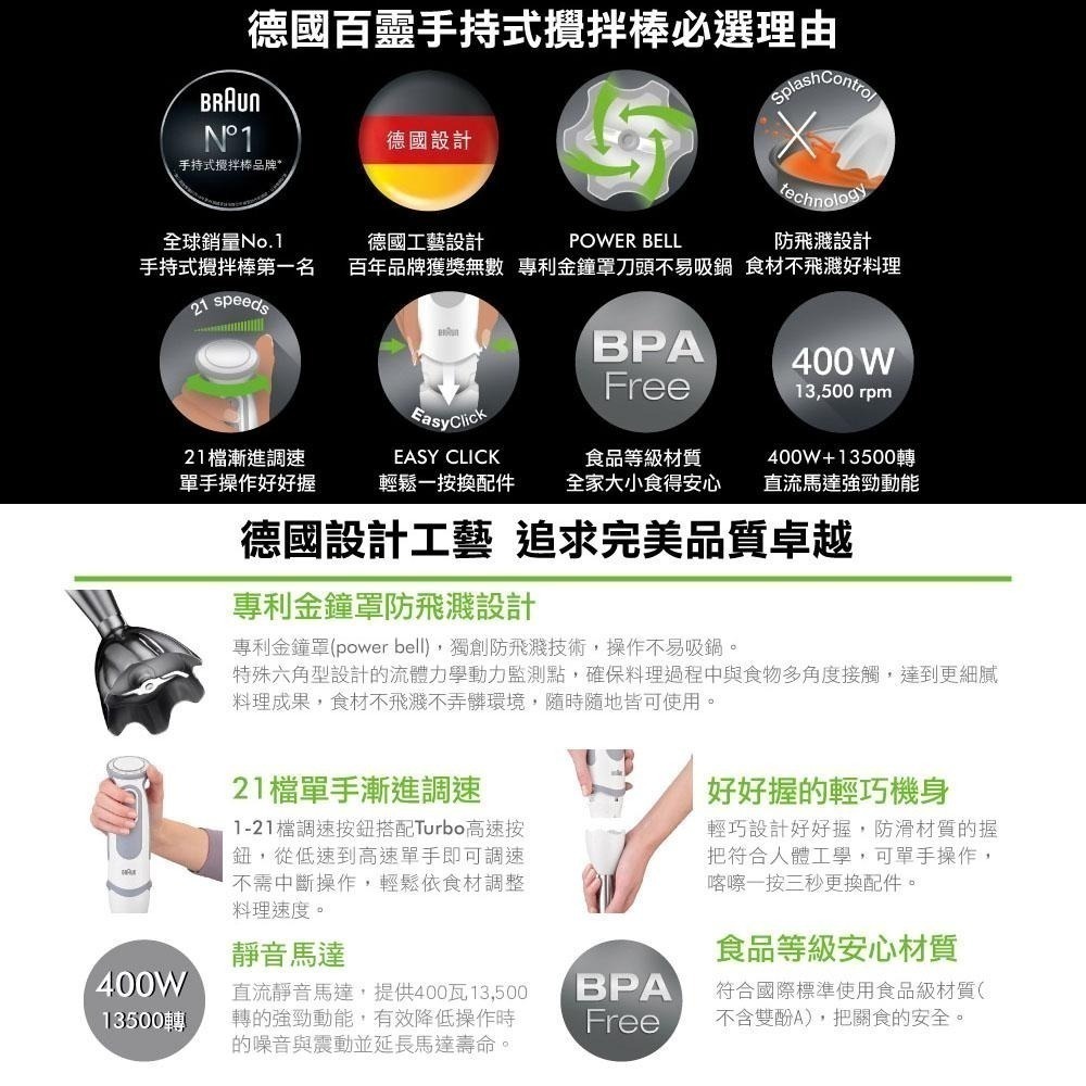 【BRAUN 德國百靈】手持式攪拌棒 MQ5035 附五大配件 三段速｜不鏽鋼刀頭｜料理機｜副食品 果汁 濃湯-細節圖3