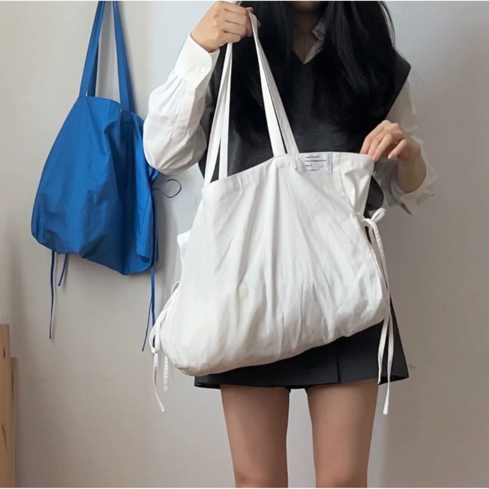〔預購〕日系純棉質環保袋（白/藍）購物袋 單肩包 布包 大容量 文青-細節圖7