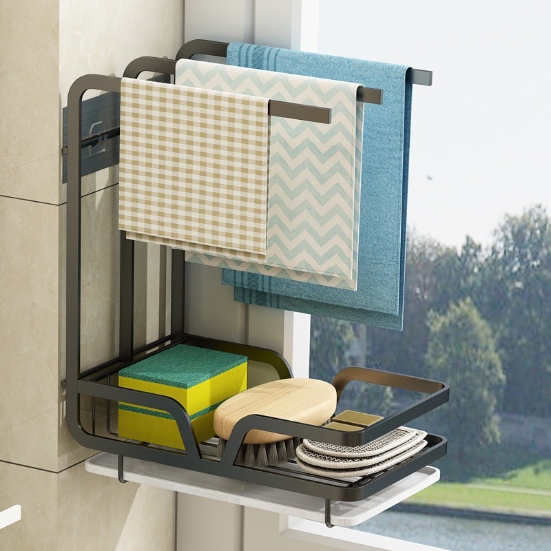 艾比百貨》廚房抹布架 壁掛免打孔 廚房收納架 抹布掛架 海綿掛架 瀝水架 抹布架 海綿架 置物架 置物籃 收納籃-規格圖9
