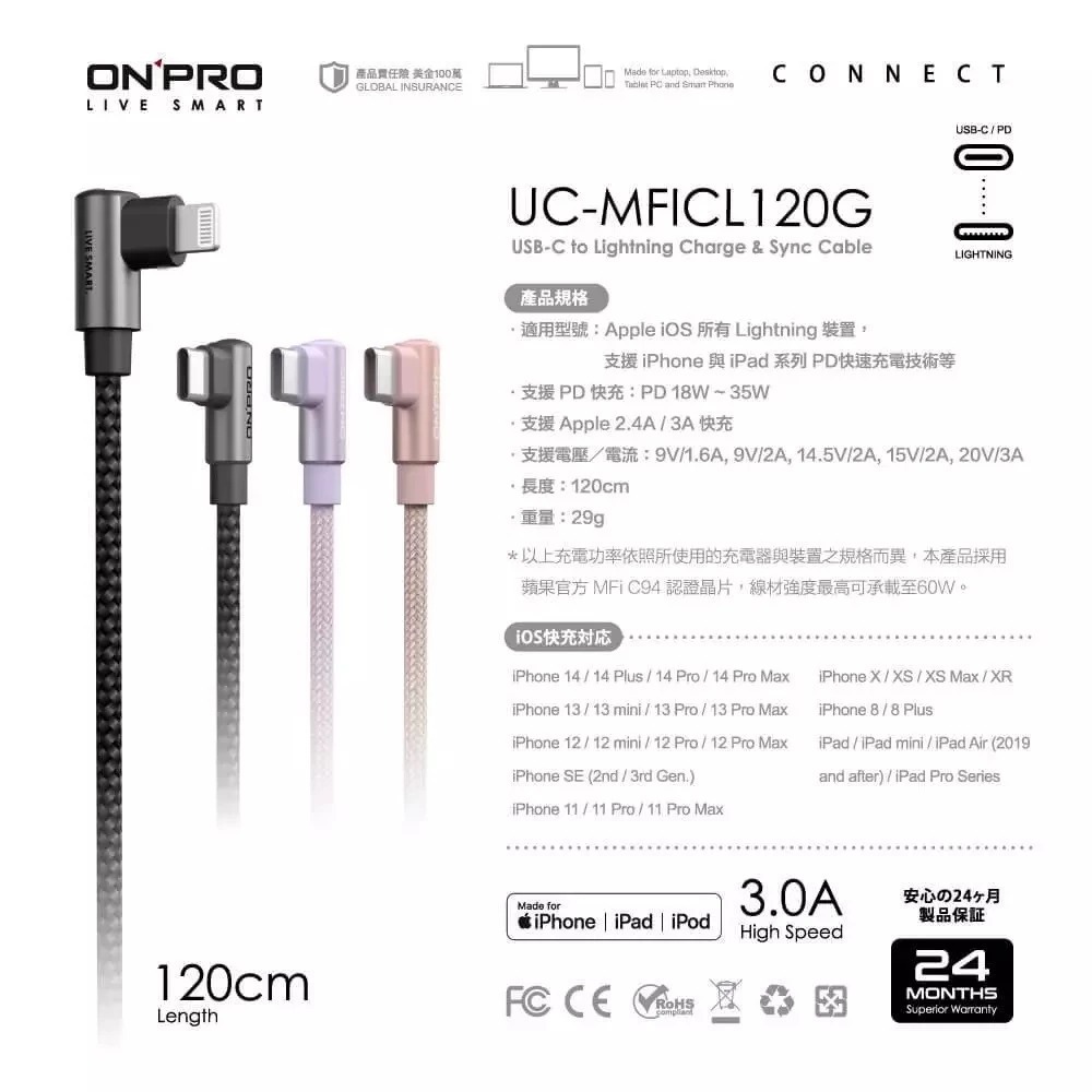 【ONPRO】1.2m UC-MFICL120G Type-C to Lightning 彎頭 iPhone快充傳輸線-細節圖3