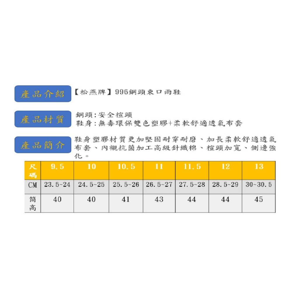 【松燕牌】996鋼頭束口雨鞋.防穿刺.台灣製造. (內附鋼板鞋墊)符合標準檢驗CNS20345，歡迎大宗購買~-細節圖5