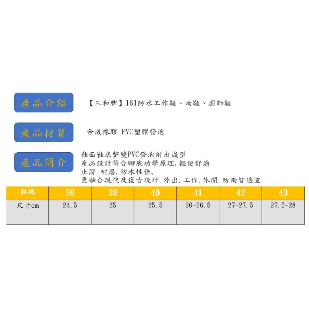 【三和牌】161男用防水工作鞋、雨鞋、廚師鞋，MIT製造防水耐磨耐油工作廚房鞋（黑) ，附鞋墊-細節圖5