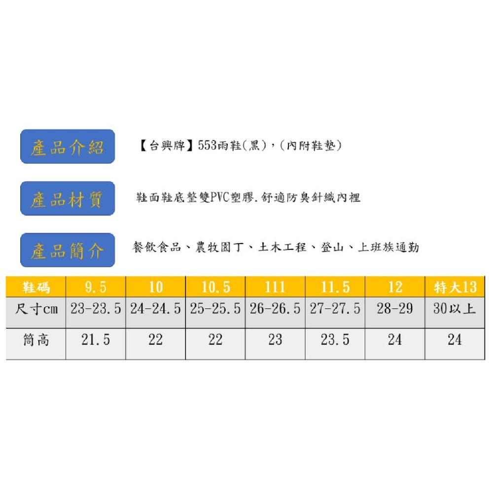 台興牌553雨鞋(黑)  有賣特大尺寸!!!!!，(內附鞋墊)，扎實的鞋底，適用各種潮濕工作環境，歡迎大宗購買~-細節圖5