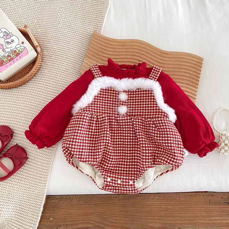 紅色千鳥格包屁衣 聖誕 新年 過年 周歲 喜宴 紅色 女寶 女童 假兩件-細節圖2