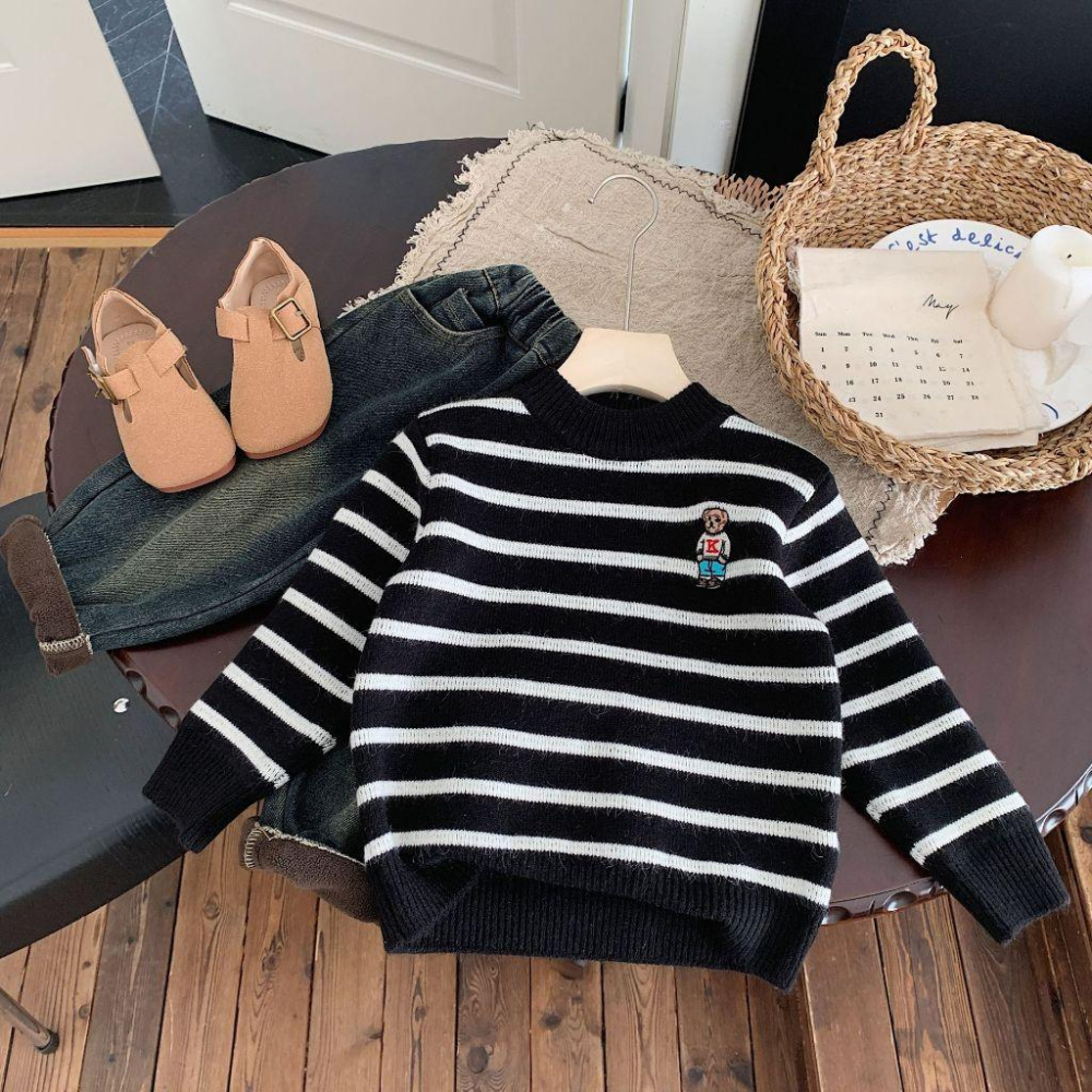 刺繡小熊細針織毛衣 針織上衣 圓領 毛衣 保暖-細節圖4