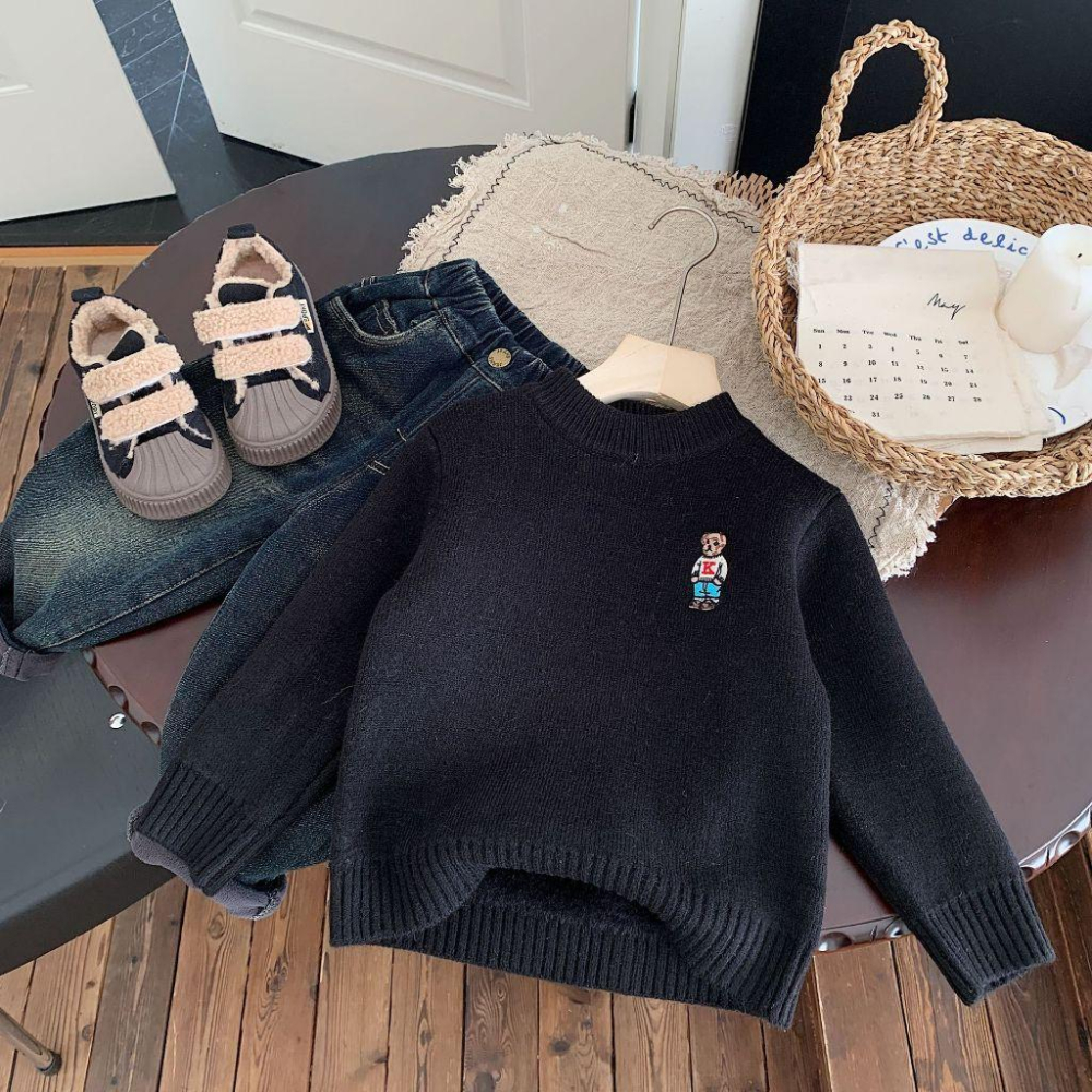 刺繡小熊細針織毛衣 針織上衣 圓領 毛衣 保暖-細節圖5