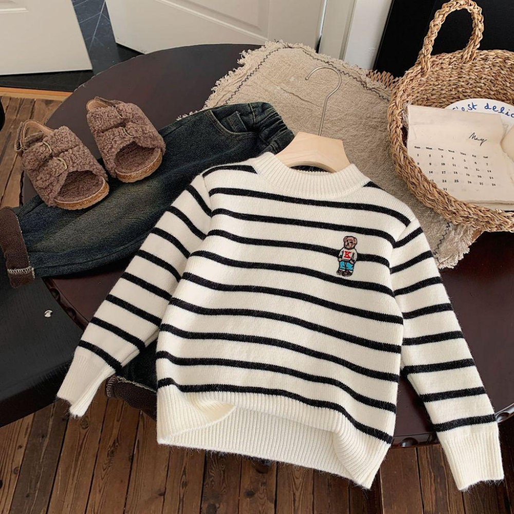 刺繡小熊細針織毛衣 針織上衣 圓領 毛衣 保暖-細節圖6