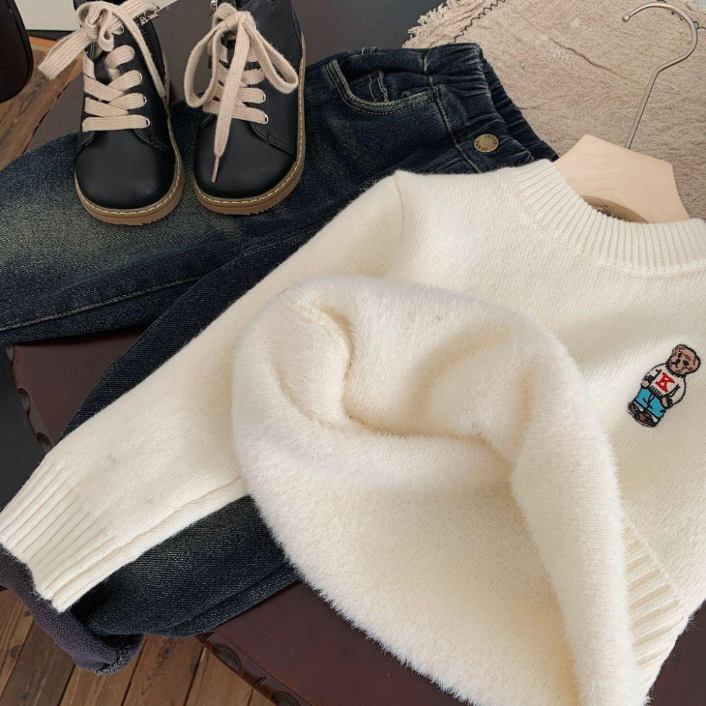 刺繡小熊細針織毛衣 針織上衣 圓領 毛衣 保暖-細節圖8