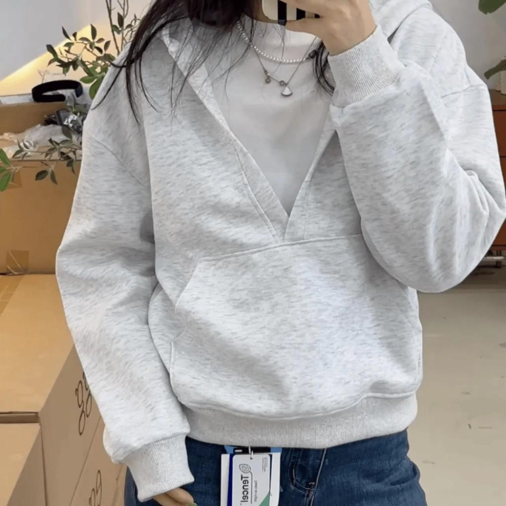 大V領長袖帽Tee 帽T 長袖 秋冬 連帽上衣 韓系-細節圖3