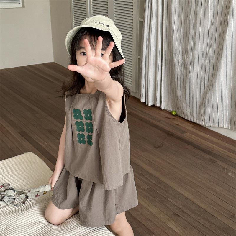 棉麻寬鬆小花無袖套裝 背心 無袖 褲裙 女童 女生-細節圖2