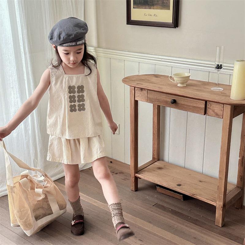 棉麻寬鬆小花無袖套裝 背心 無袖 褲裙 女童 女生-細節圖3