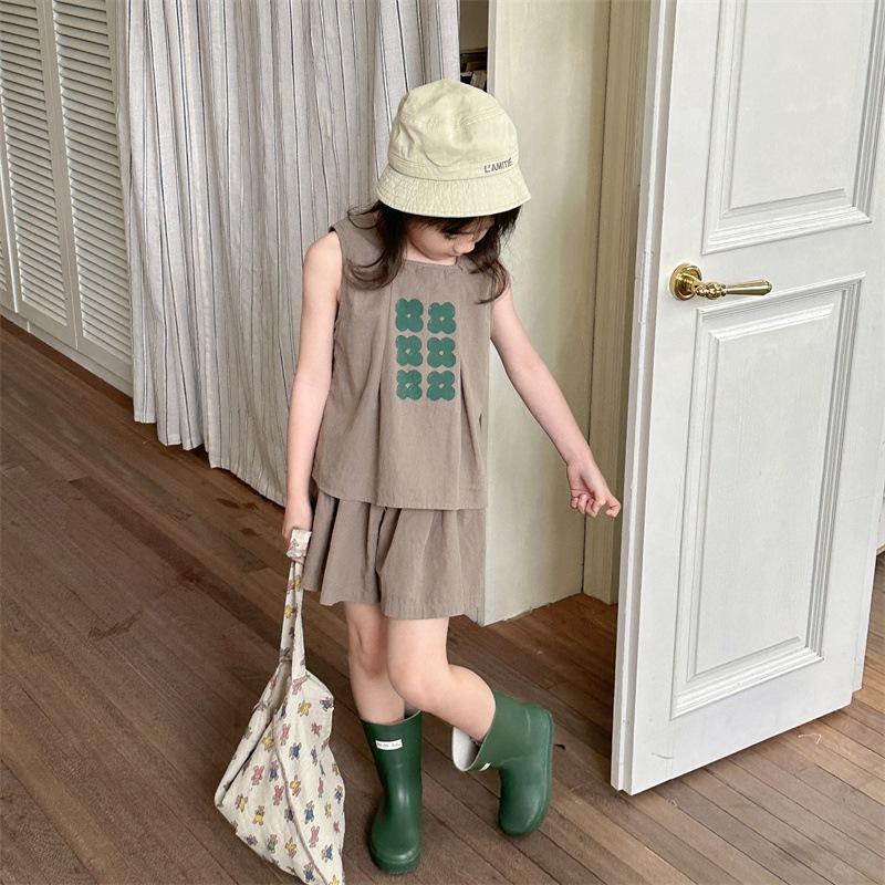 棉麻寬鬆小花無袖套裝 背心 無袖 褲裙 女童 女生-細節圖4