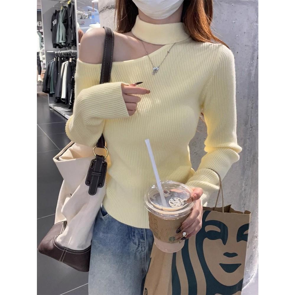 斜肩款掛脖修身針織上衣 露肩 針織 長袖 秋冬-細節圖2