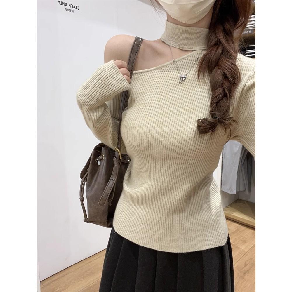 斜肩款掛脖修身針織上衣 露肩 針織 長袖 秋冬-細節圖3