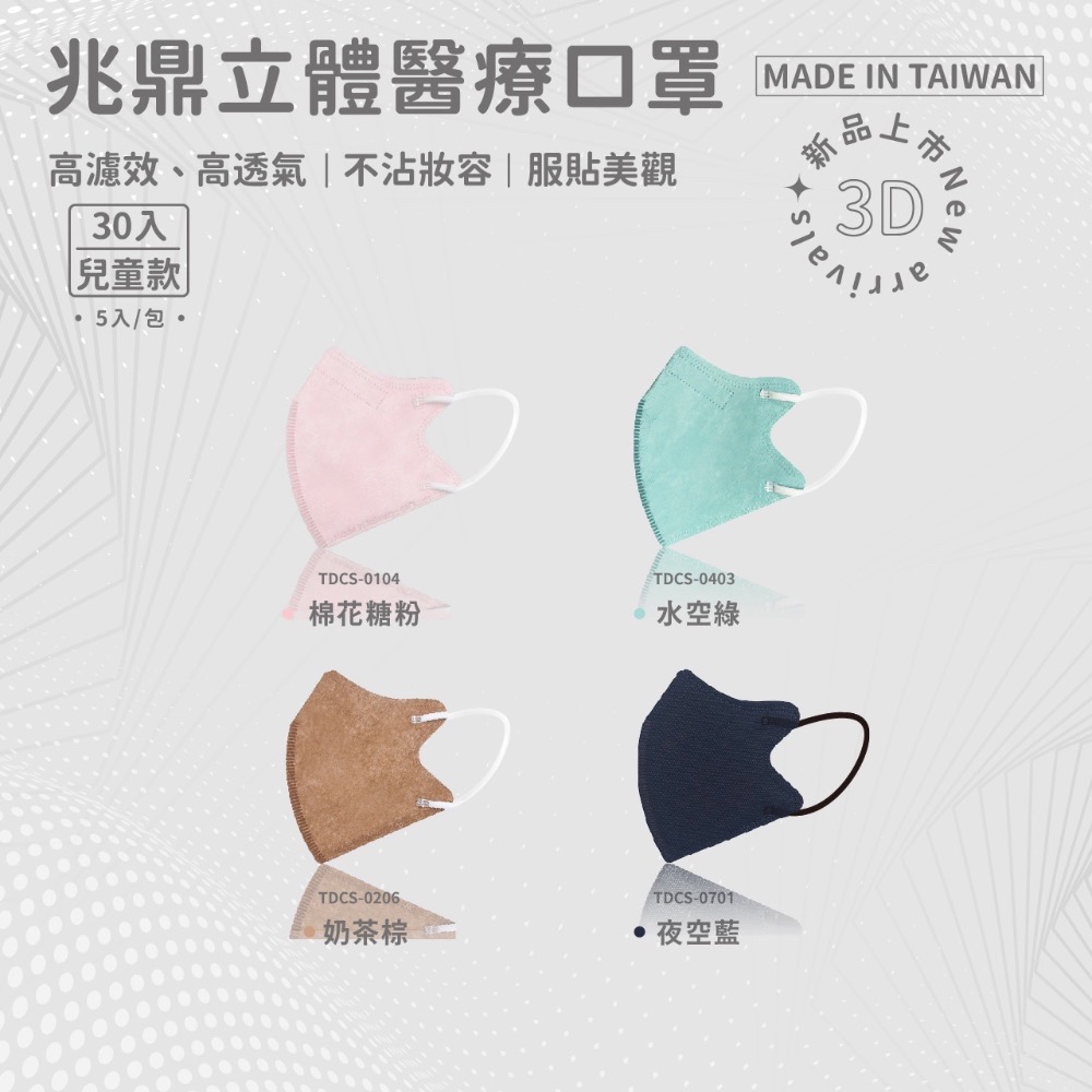 4色任選 兆鼎成人/兒童 立體3D醫療用口罩一盒30入裝 6色任選 5片1包 兆鼎兒童立體3D醫療用口罩-規格圖10