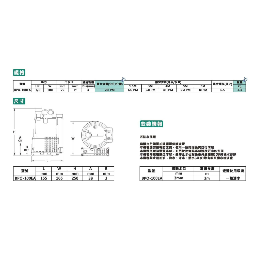 超商免運*發票【鋐宇泵浦】APP紅龍牌 BPO100EA  BPO-100EA 浮球開關 沉水馬達 抽水機 限清水-細節圖4