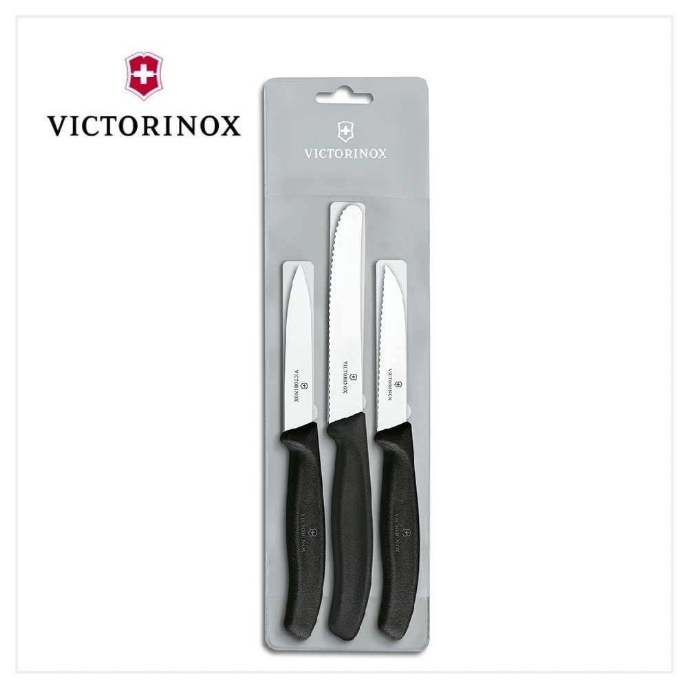 VICTORINOX 瑞士維氏 三入刀(蕃茄刀+尖頭平刀+尖頭鉅齒刀) 黑 6.7113.3