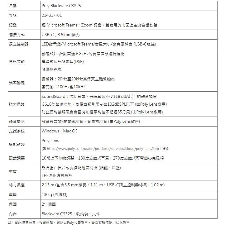 【HP展售中心】Poly Blackwire C3325【USB-C】有線耳機【現貨】-細節圖4
