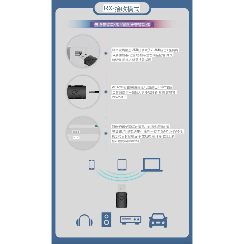 藍牙 5.2台灣出貨M137 5合1 TX/RX 藍芽接收器 USB+AUX音訊接收 音源接收器 音效卡藍芽USB接收器-細節圖9