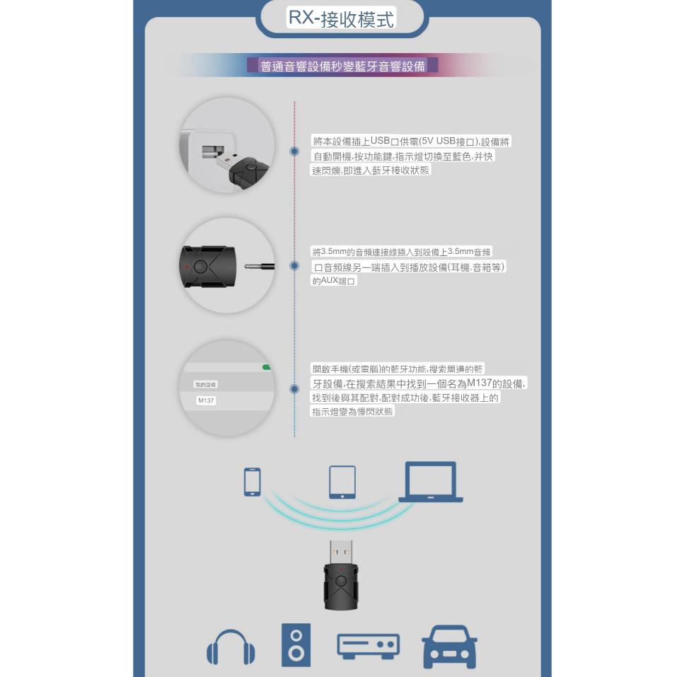 藍芽5.2 台灣 M137 5合1 汽車藍牙 藍芽接收器 USB接收器 USB發射器 AUX 喇叭無線接收器 音效卡藍芽-細節圖7
