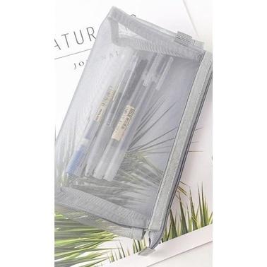 台灣發貨 日系無印同款 透明網紗筆袋 簡約 ins 便攜日系大容量透明可視尼龍筆袋網格拉鍊禮品袋 大容量文具袋 筆袋立體-細節圖2