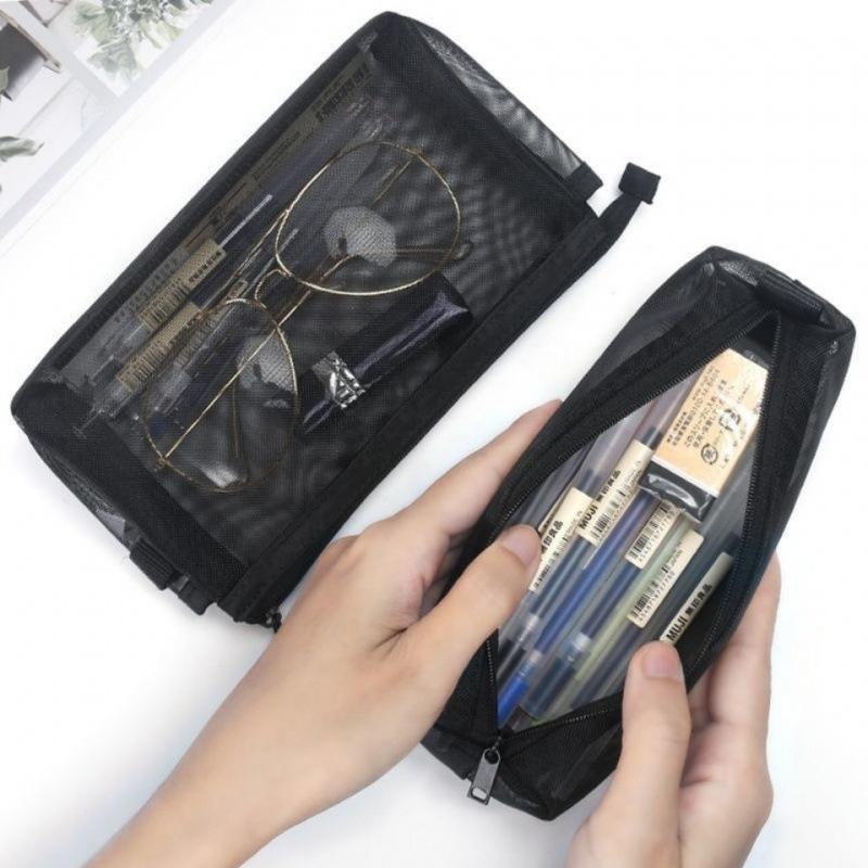 台灣發貨 日系無印同款 透明網紗筆袋 簡約 ins 便攜日系大容量透明可視尼龍筆袋網格拉鍊禮品袋 大容量文具袋 筆袋立體-細節圖3