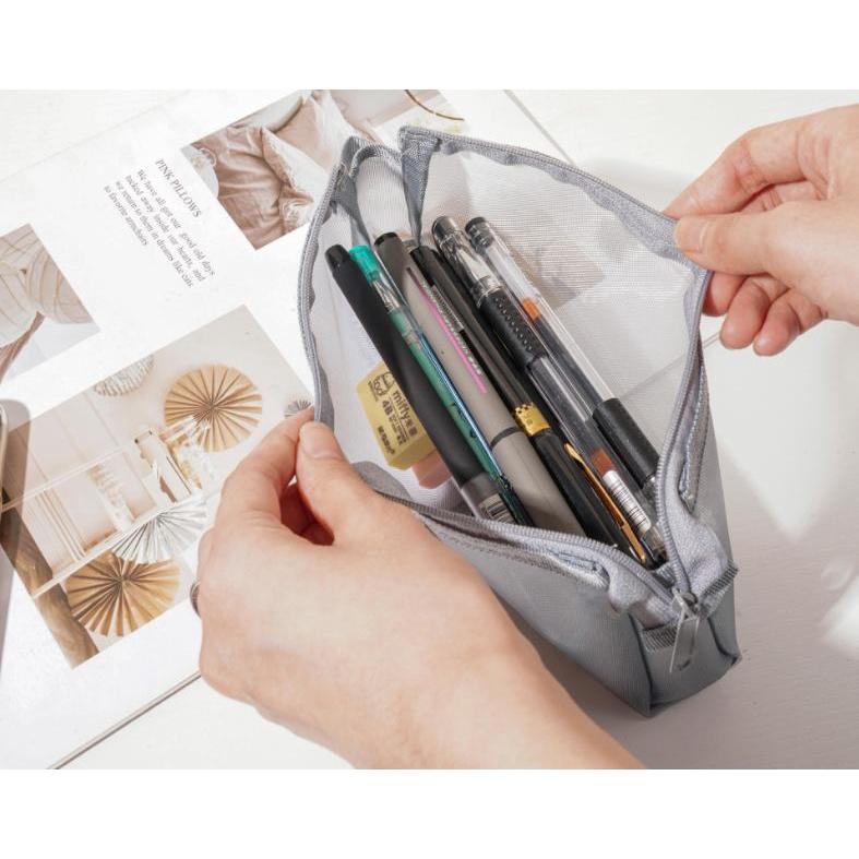 台灣發貨 日系無印同款 透明網紗筆袋 簡約 ins 便攜日系大容量透明可視尼龍筆袋網格拉鍊禮品袋 大容量文具袋 筆袋立體-細節圖4
