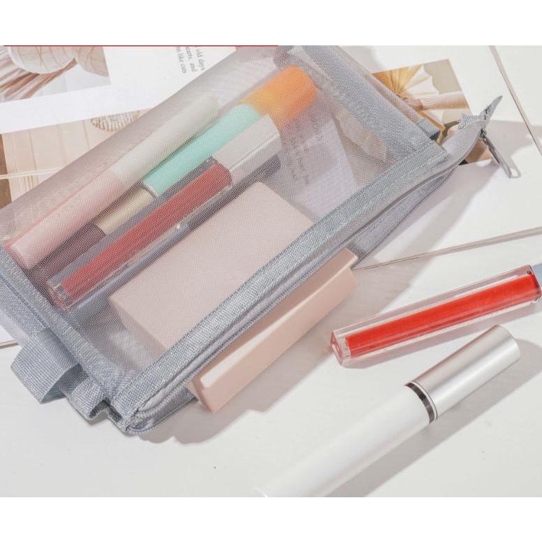 台灣發貨 日系無印同款 透明網紗筆袋 簡約 ins 便攜日系大容量透明可視尼龍筆袋網格拉鍊禮品袋 大容量文具袋 筆袋立體-細節圖7
