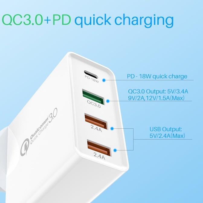 48W 快充 4口 蘋果PD QC雙快充 大量出貨 3孔USB + TYPE-C 充電器 充電座 快速充電 QC閃電快充-細節圖3