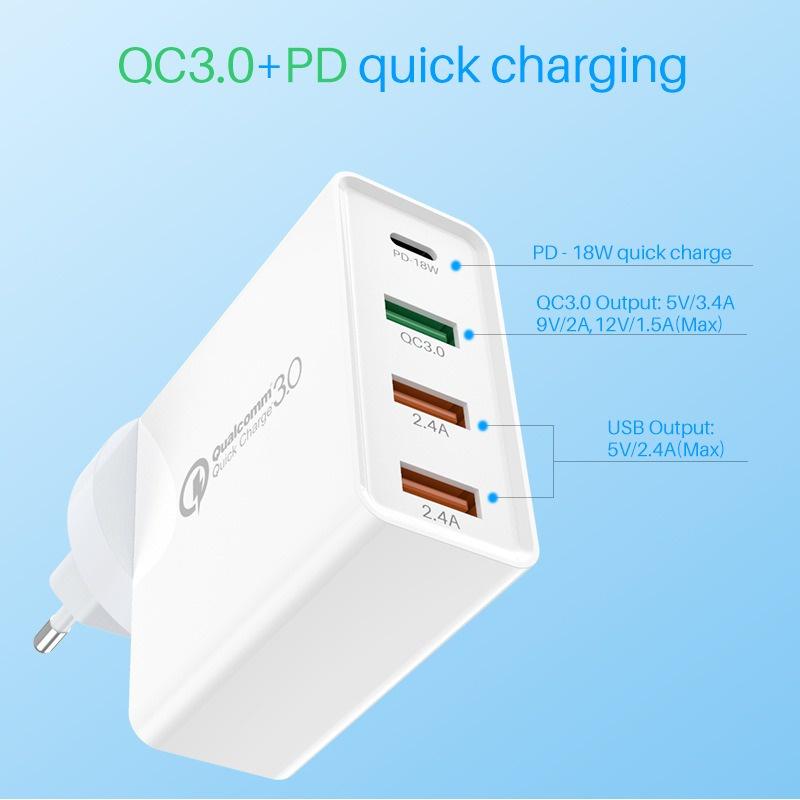 48w 四口 PD充電器 QC3.0 快速充電插頭 手機平板 iPhone Pad Pro QC 3.0 快速充電器-細節圖3