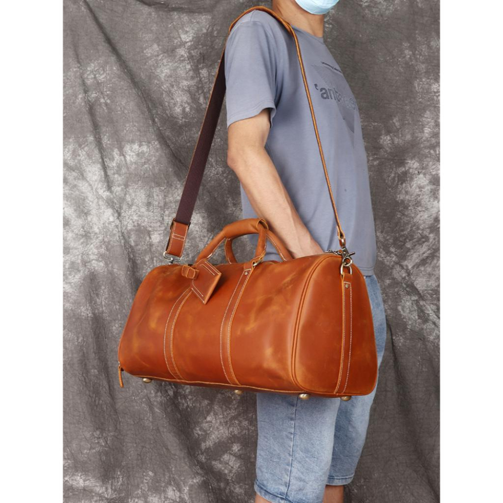 正港真皮旅行包 台灣瘋馬皮 頭層牛皮 真皮男包 中性旅行包袋 手提包 復古個性男包 旅行收納包 登機包 登機袋 旅遊收納-細節圖6