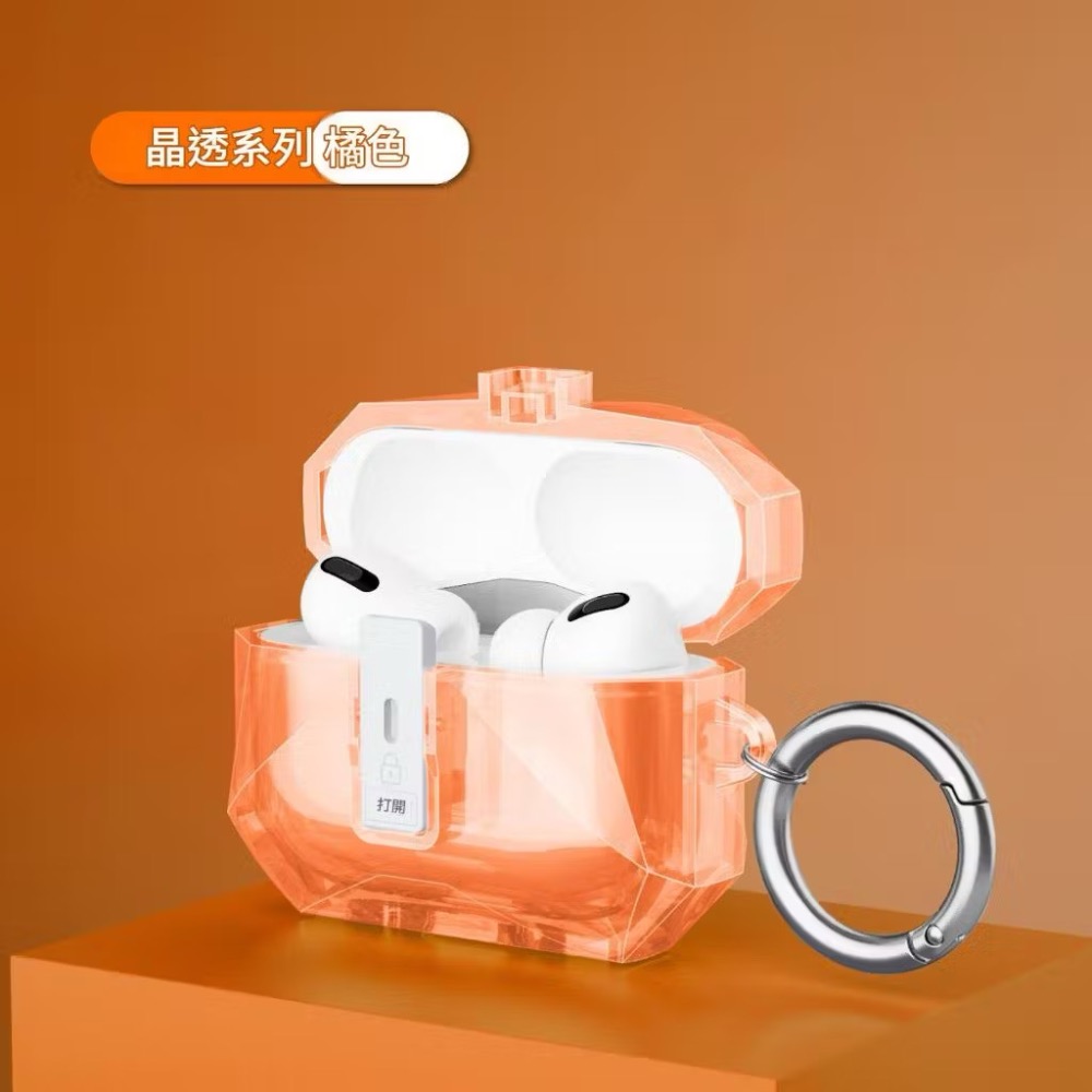 橘透明-抗衝擊磁扣彈蓋耳機殼-金屬掛勾
