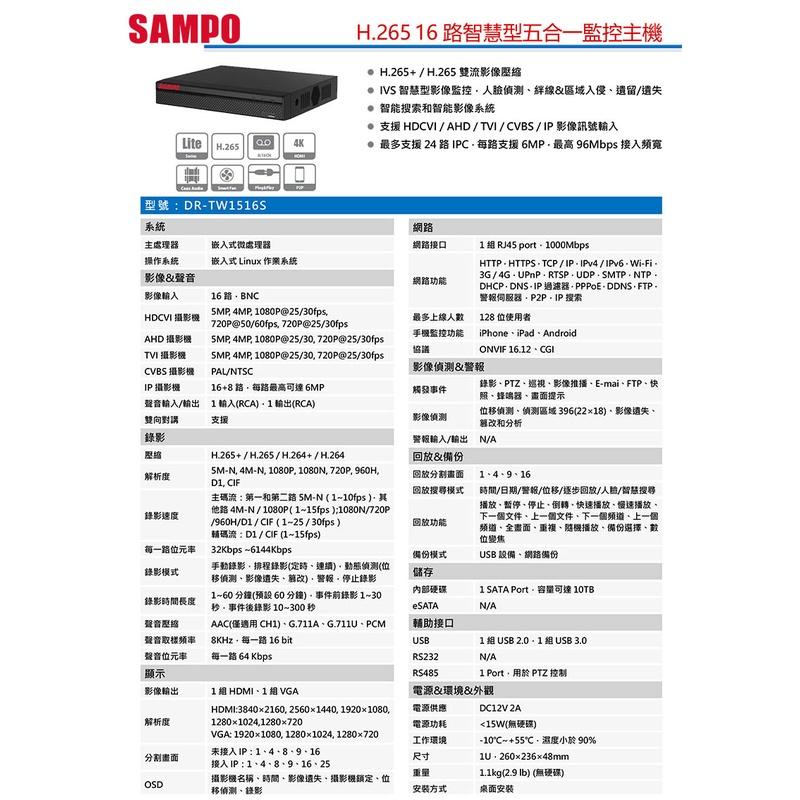 《公司貨含稅》SAMPO 聲寶 DR-TW1516S 16路智慧型路智慧型五合一監控主機-細節圖3
