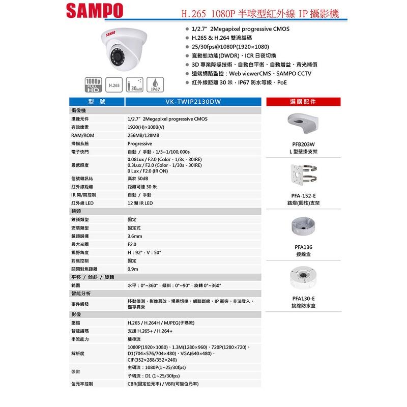 《公司貨含稅》SAMPO 聲寶 VK-TWIP2130DW 1080P半球型紅外線網路攝影機-細節圖3