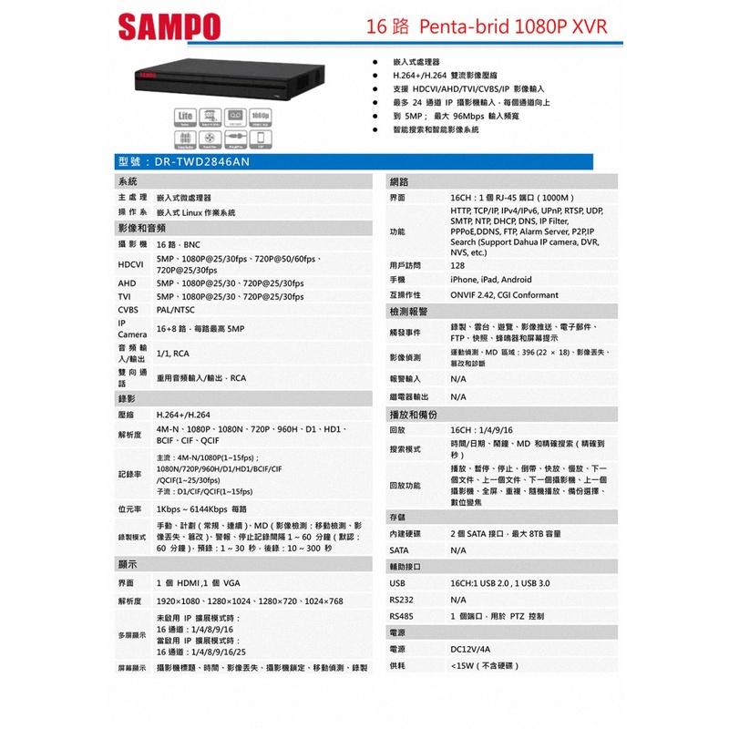 《公司貨含稅》SAMPO 聲寶 DR-TWD2846AN 16路監控主機-細節圖3