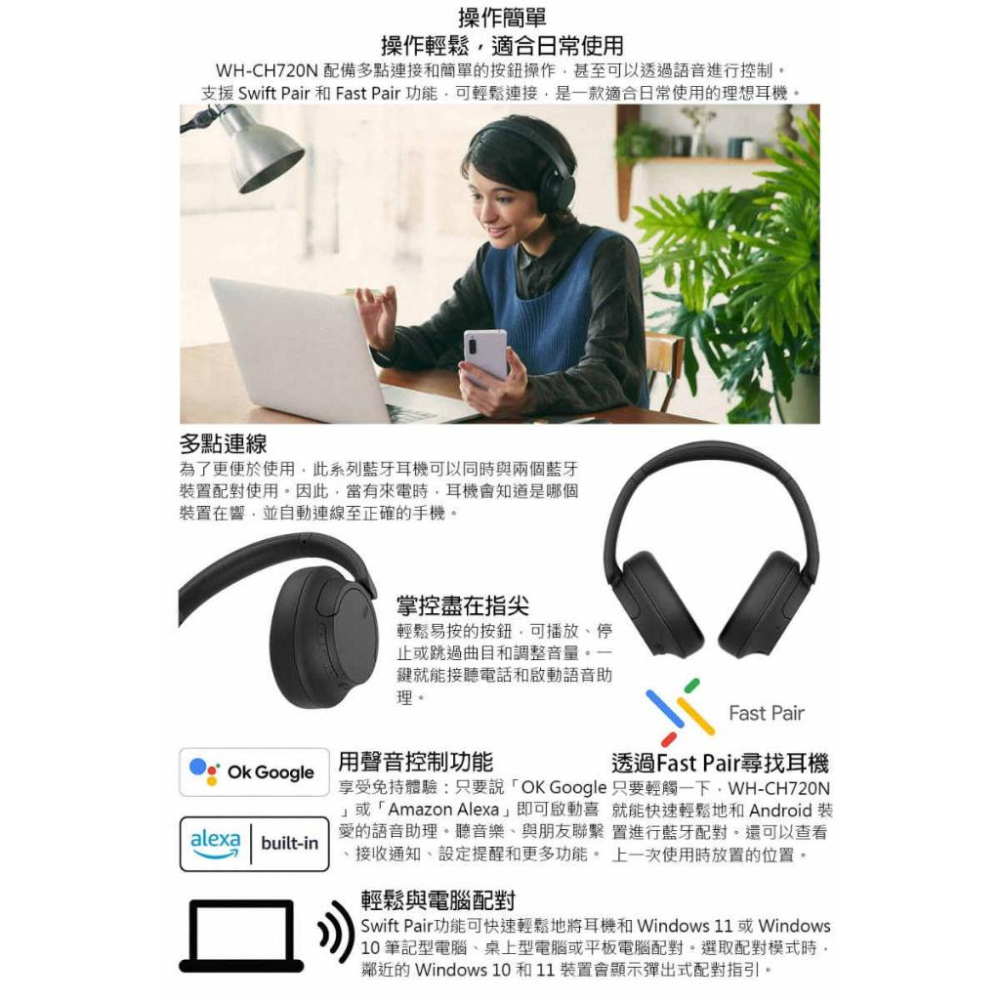 《公司貨含稅》SONY WH-CH720N 輕巧無線降噪耳罩式藍芽耳機-細節圖8