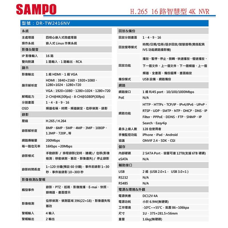 《公司貨含稅》SAMPO 聲寶 DR-TW2416NV 16路NVR錄影主機-細節圖4