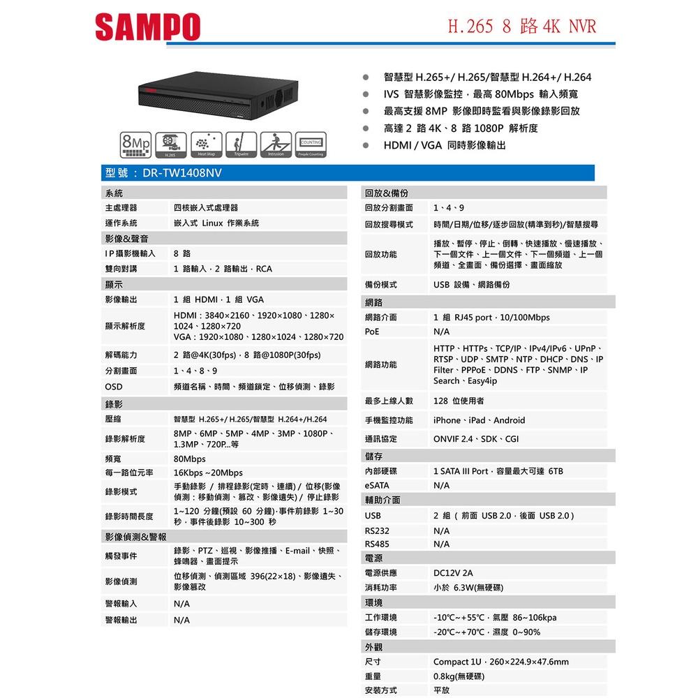 《公司貨含稅》SAMPO 聲寶 DR-TW1408NV 8路NVR錄影主機-細節圖4